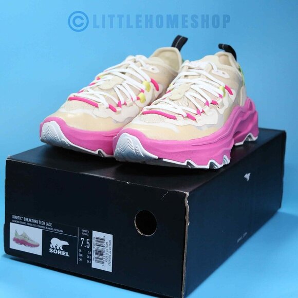NEW! Sorel Kinetic Breakthru Tech Lace Sneakers in Pink, Yellow, Size 7.5 - Picture 1 of 9